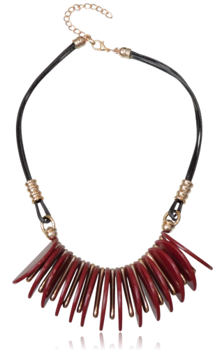 Naszyjnik Etniczny Czarny Rzemień Bordo Złoto Elementy