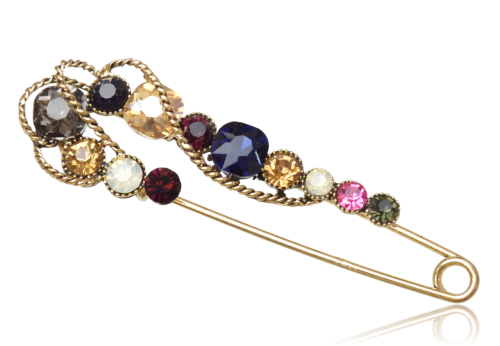 Efektowna agrafka broszka z kolorowymi cyrkoniami vintage