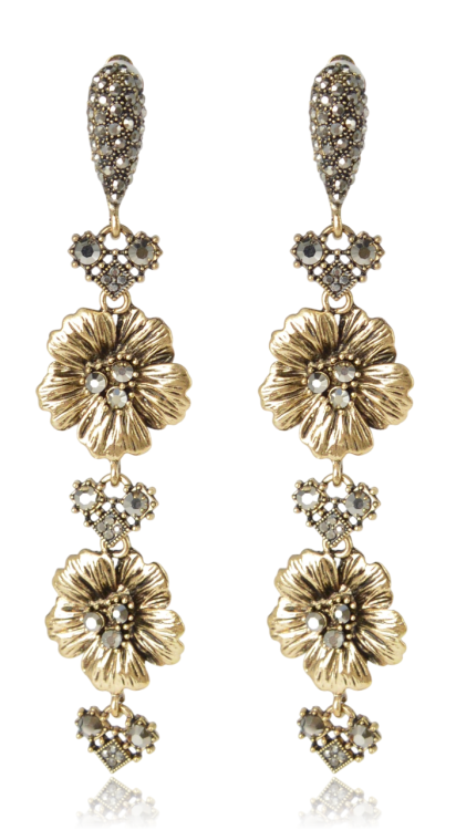 Długie klipsy wiszące motyw kwiatów stare złoto cyrkonie