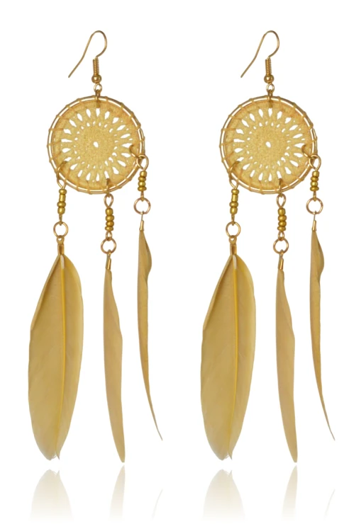 Kolczyki boho pióra musztardowe