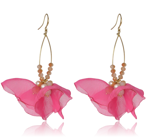 Kolczyki materiałowe na złotej łezce fuksja - kryształki nude