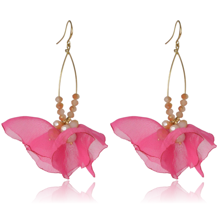 Kolczyki materiałowe na złotej łezce fuksja - kryształki nude