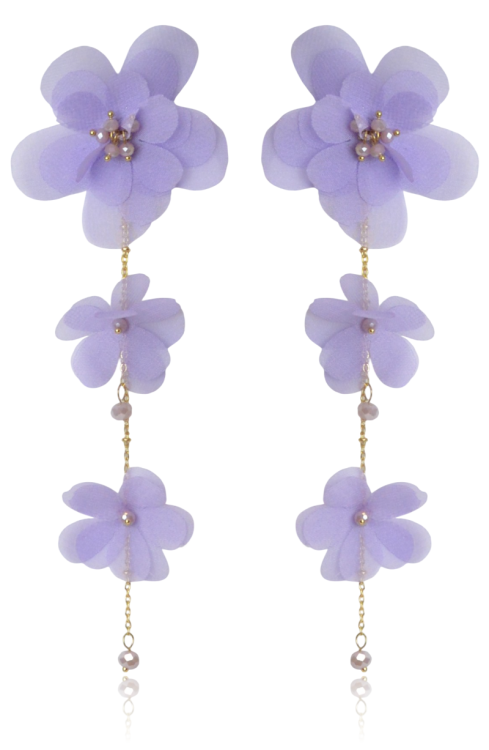Kolczyki kwiaty długie lekkie z tkaniny lila