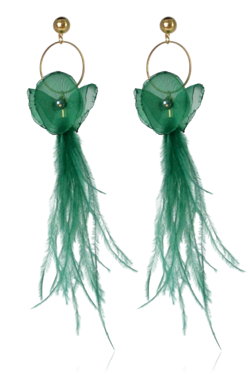 Efektowne, lekkie kolczyki z tkaniny i piór - malachit