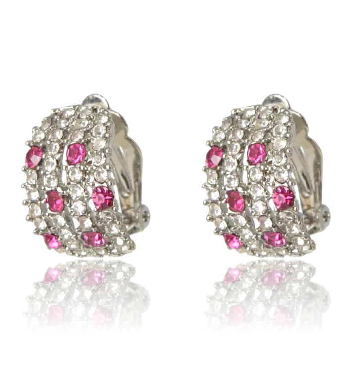 Klipsy srebrzyste półkola z różowym akcentem