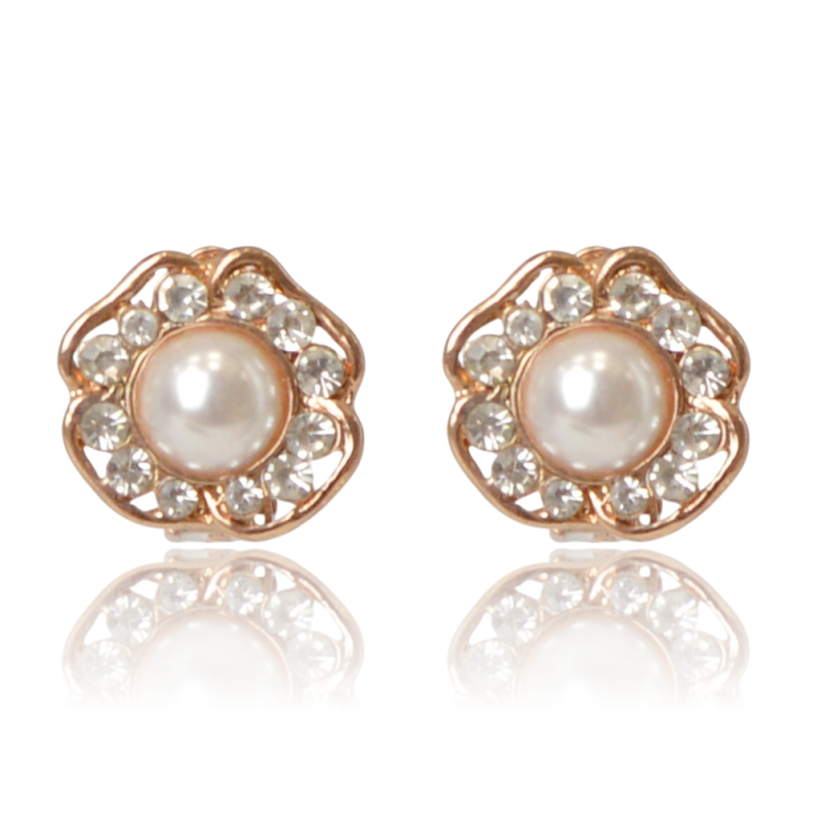 Klipsy kwiatuszki z perłą i cyrkoniami w oprawie rosegold