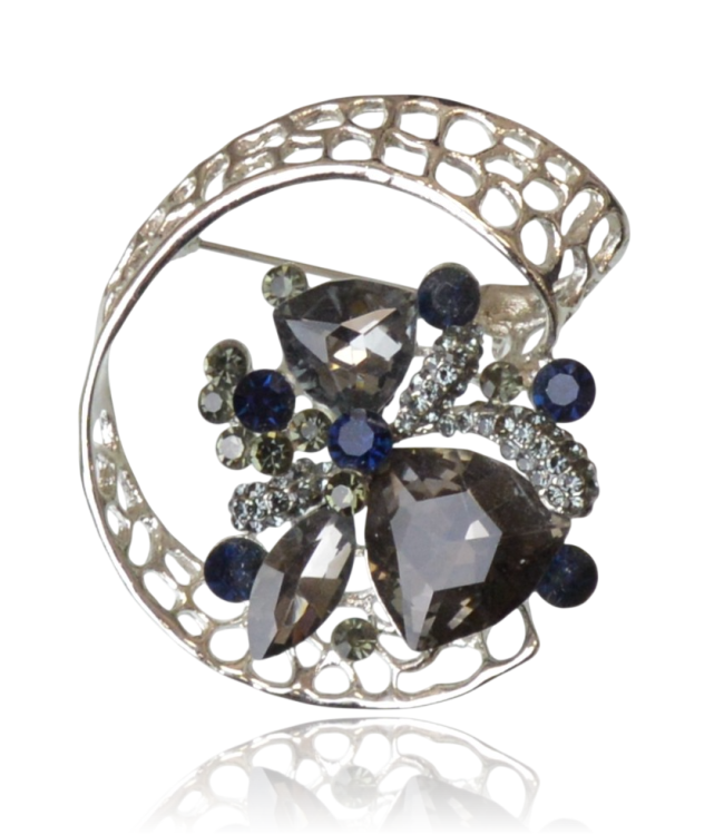 Broszka „Silver Nebula” – Grafit i Granat w Ażurowej Oprawie