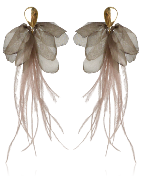 Kolczyki materiałowe z piórkami brązowe
