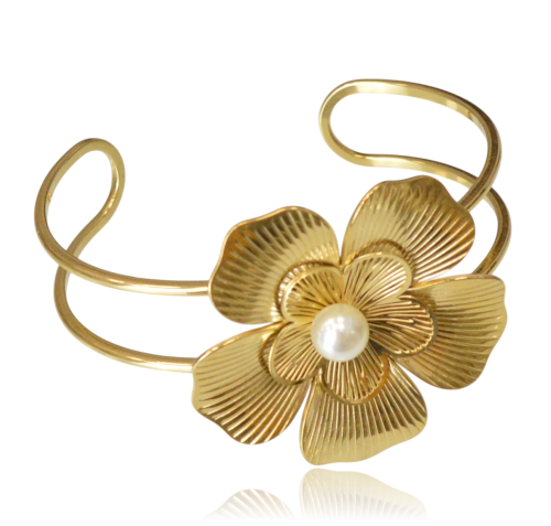 Bransoletka cuff z kwiatem "Golden Bloom" stal szlachetna