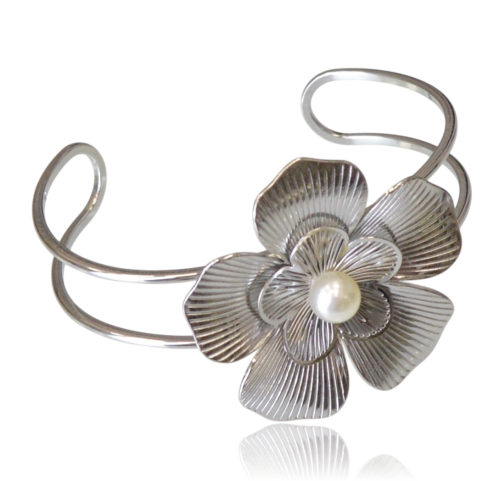 Bransoletka cuff z kwiatem "Silver Bloom" stal szlachetna