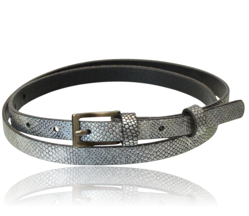 Pasek skórzany cienki srebrno-czarny wzór 95 cm