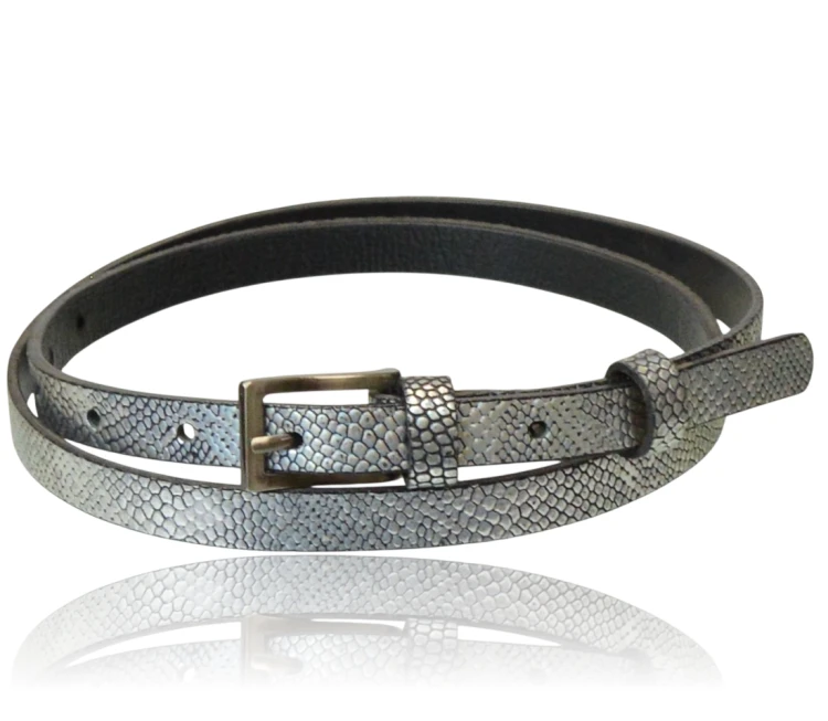 Pasek skórzany cienki srebrno-czarny wzór 95 cm