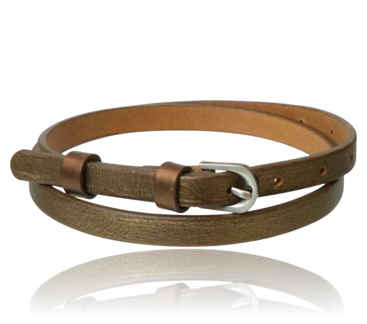 Pasek skórzany cienki metaliczny brąz 85 cm