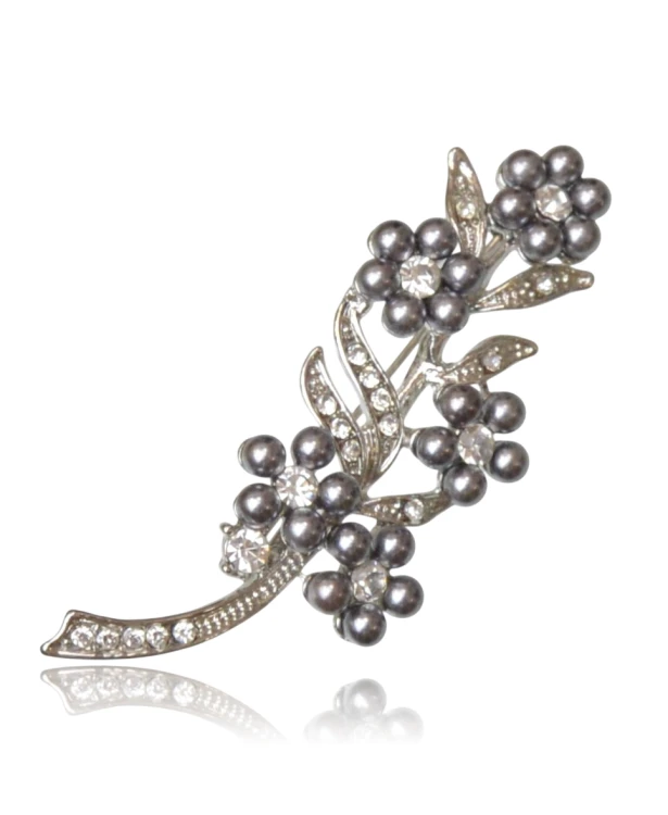 Broszka kwiatowa gałązka z perłami i cyrkoniami