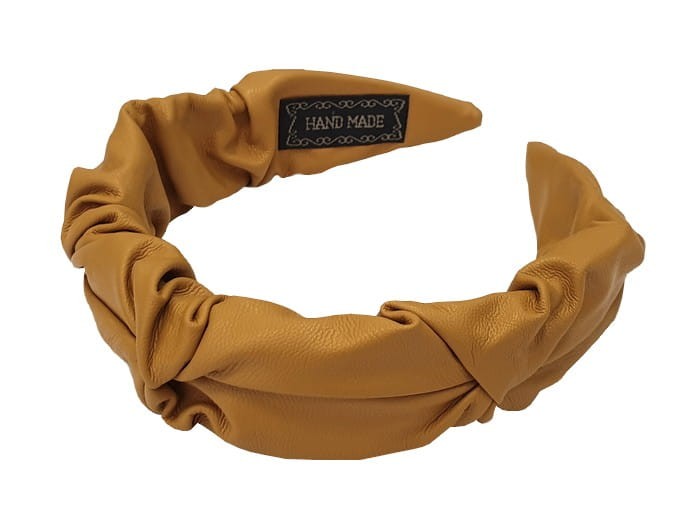 Marszczona opaska z imitacji skóry musztardowa