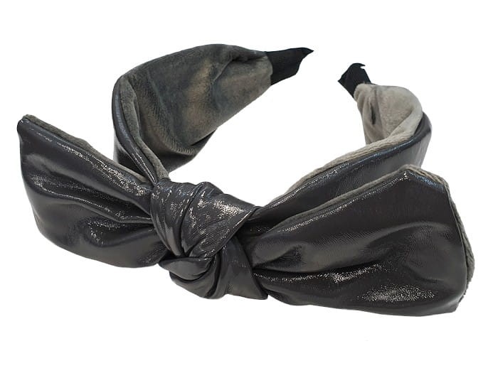 Lakierowana opaska do włosów z kokardą ciemnoszara