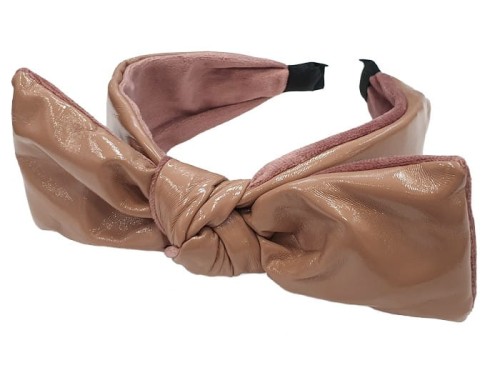 Lakierowana opaska do włosów z kokardą nude