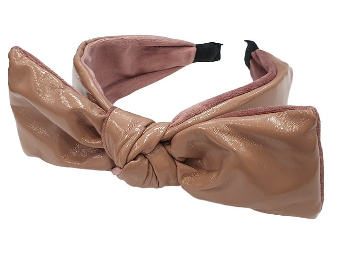 Lakierowana opaska do włosów z kokardą nude