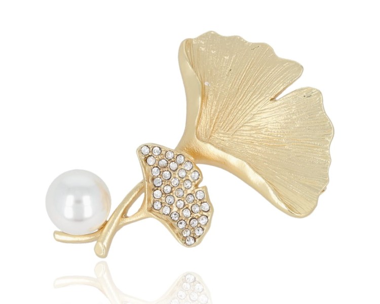 Broszka złoty liść z białą perłą