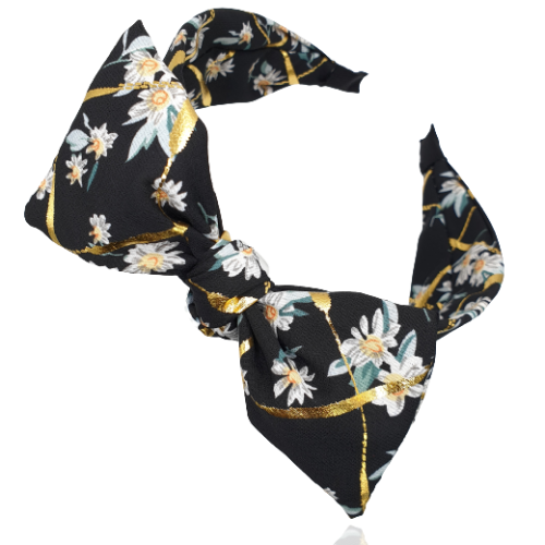 Opaska do włosów z kokardą złota krata i kwiaty