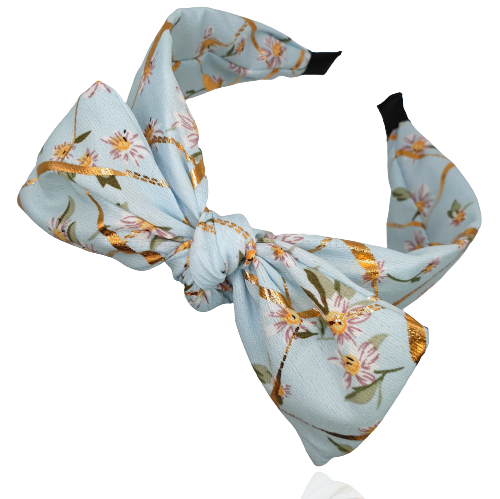 Opaska do włosów z kokardą złota krata i kwiaty