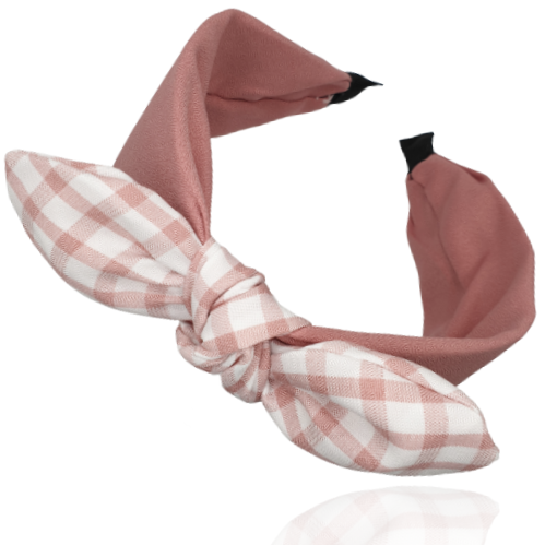 Opaska do włosów z kokardą w kratę brudny róż