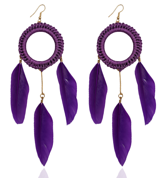 Kolczyki pióra na sznurkowym kole fiolet