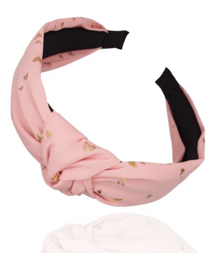 Opaska z supełkiem pudrowa w złote serduszka