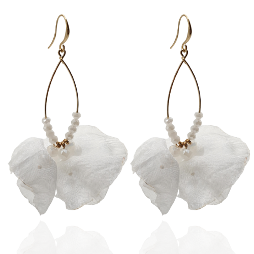 Kolczyki materiałowe na złotej łezce białe