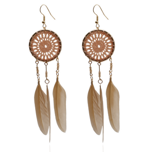 Kolczyki boho pióra beżowe