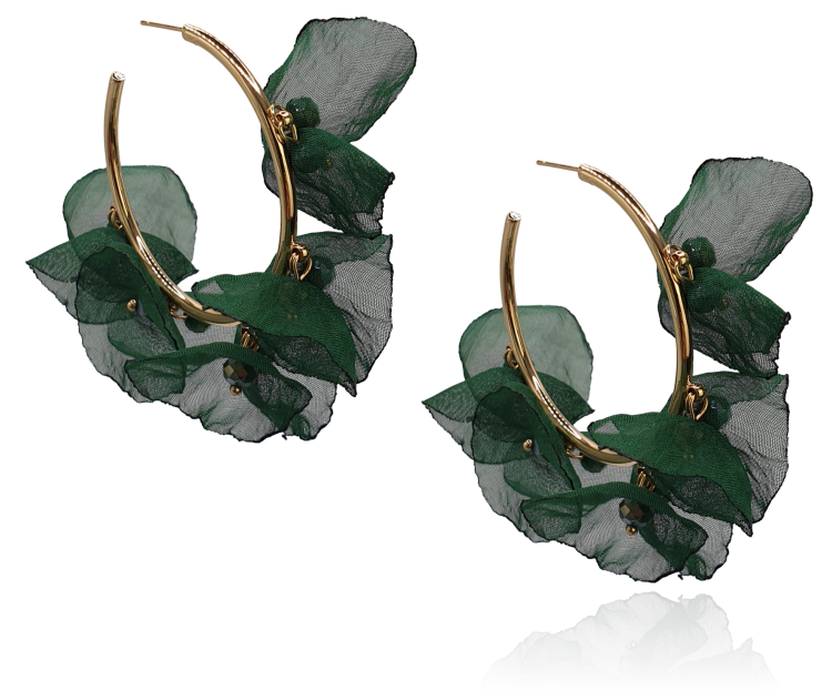 Kolczyki materiałowe kwiaty na złotym kółku ciemnozielone