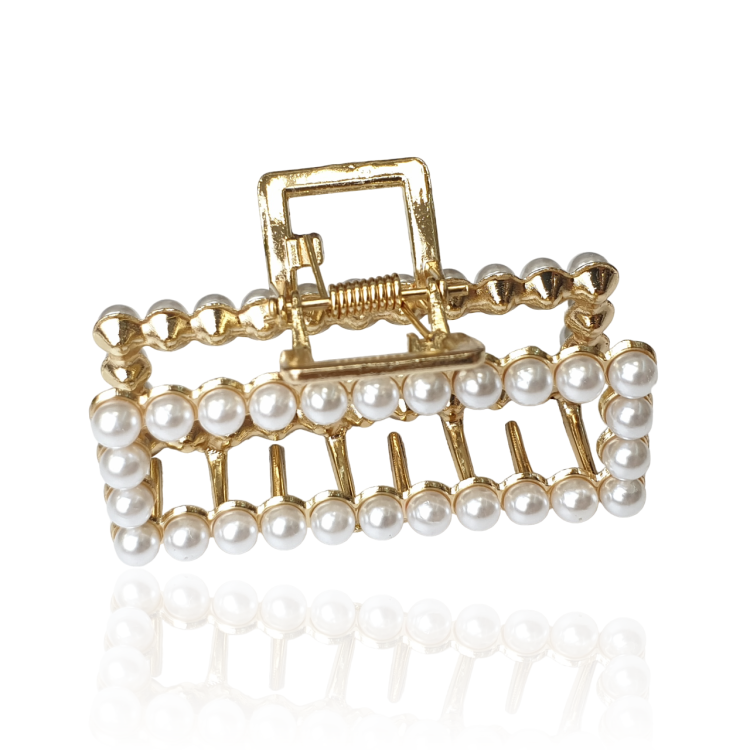 Spinka metalowa szczęki z perełkami prostokątna złota