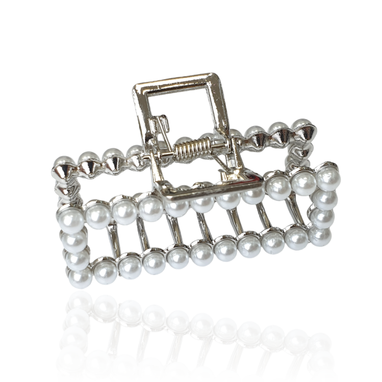 Spinka metalowa szczęki z perełkami prostokątna srebrna