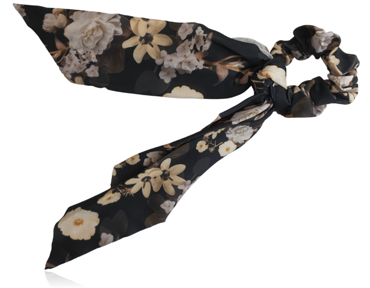 Kwiatowa scrunchie z apaszką w kolorze czarnym