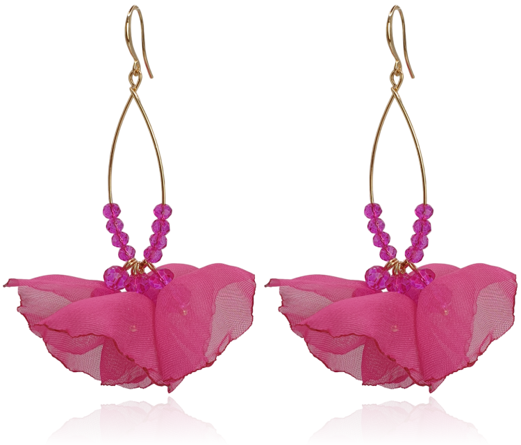 Kolczyki materiałowe na złotej łezce fuksja