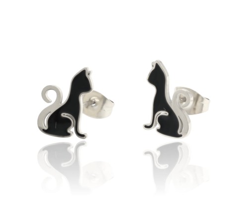 Kolczyki wkrętki czarne kotki srebrna oprawa stal