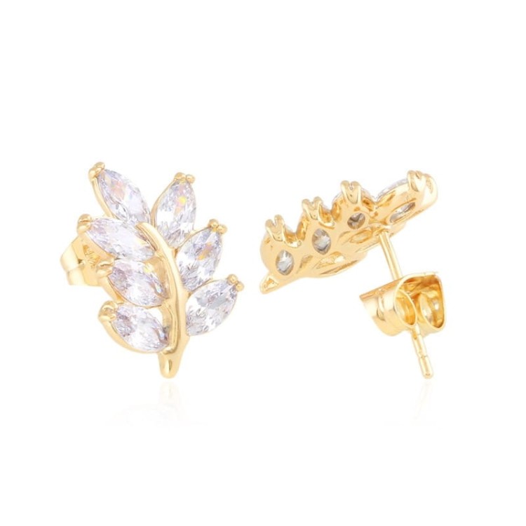 Kolczyki wkrętki miedź pozłacana listki cyrkonie