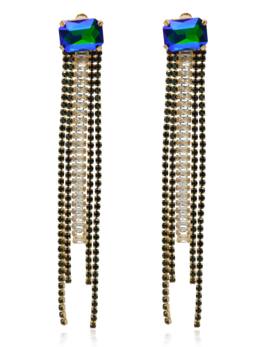 Klipsy wiszące nitki z cyrkonii niebiesko-zielony opal