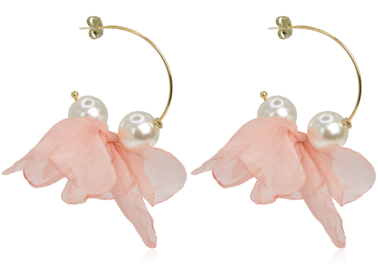 Kolczyki materiałowe na kółku z perełkami łosoś