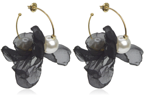 Kolczyki materiałowe na kółku z perełkami czarne