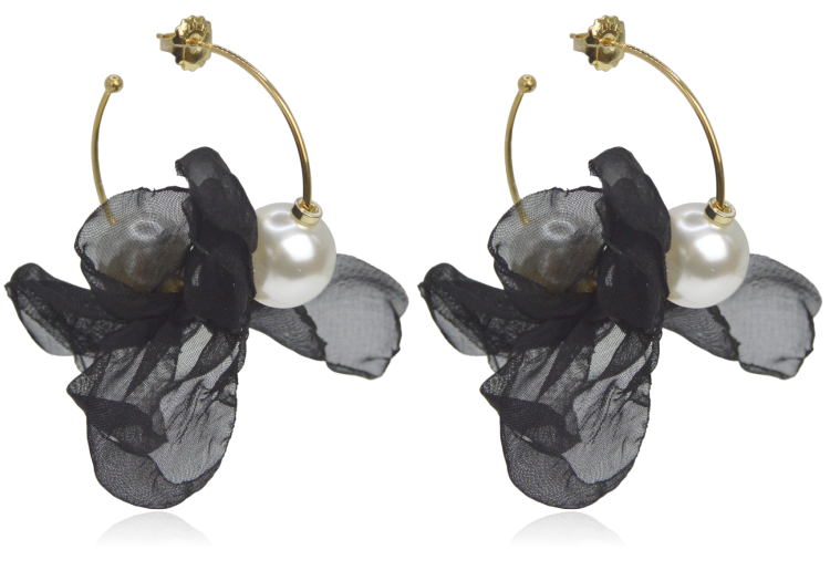 Kolczyki materiałowe na kółku z perełkami czarne