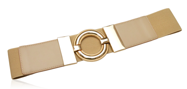 Pasek na gumie elastyczny beżowy złota okrągła klamra