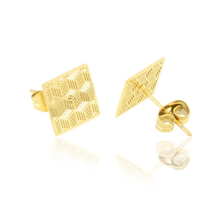 Kolczyki stalowe wkrętki kwadraciki ażur złote