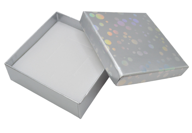 Pudełeczko na biżuterię 8 x 8 cm srebrne holo krople