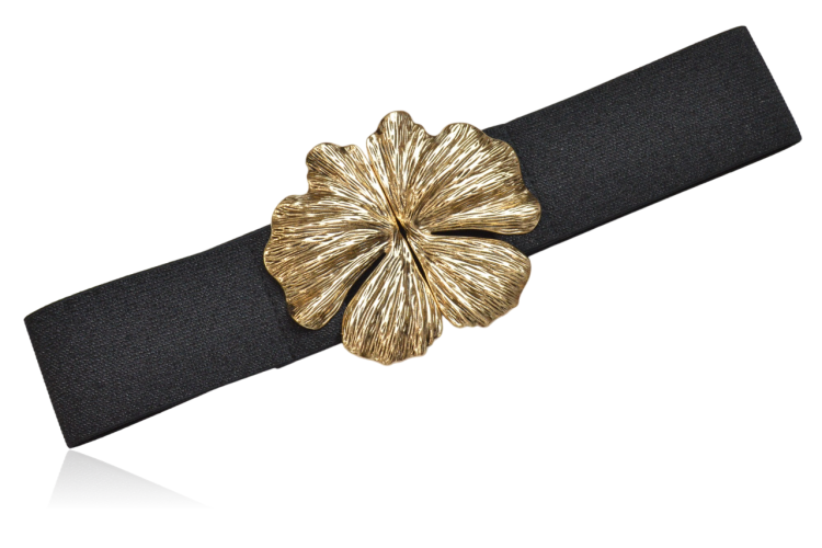 Pasek na gumie elastyczny klamra liść metal czarny