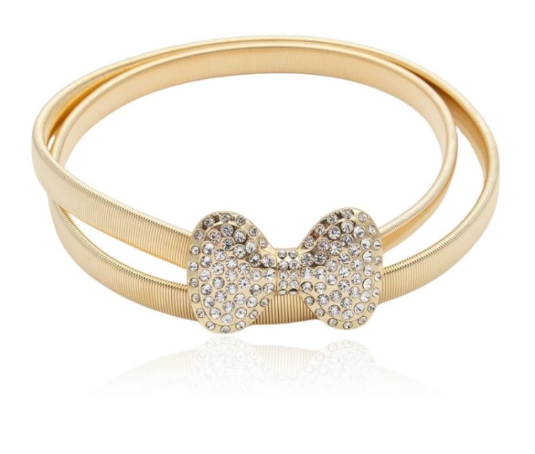 Pasek sprężynka złota klamra kokardka z cyrkoniami