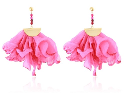 Kolczyki stalowe materiałowe efektowne fuksja