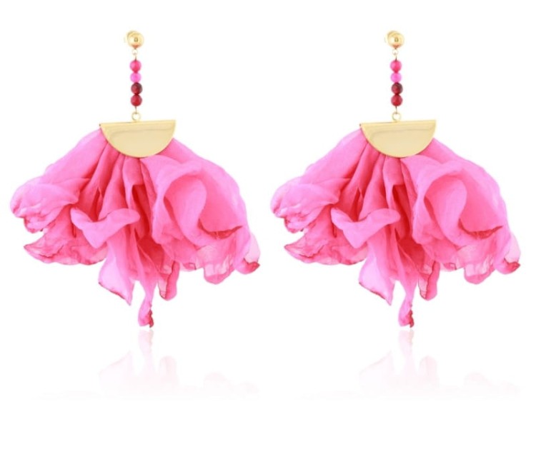 Kolczyki stalowe materiałowe efektowne fuksja