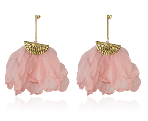 Kolczyki stalowe materiałowe wachlarze pudrowy róż