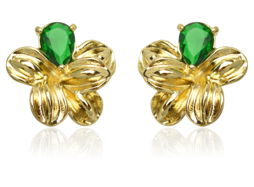 Kolczyki sztyfty kwiatowe z zielonym oczkiem stalowe złote